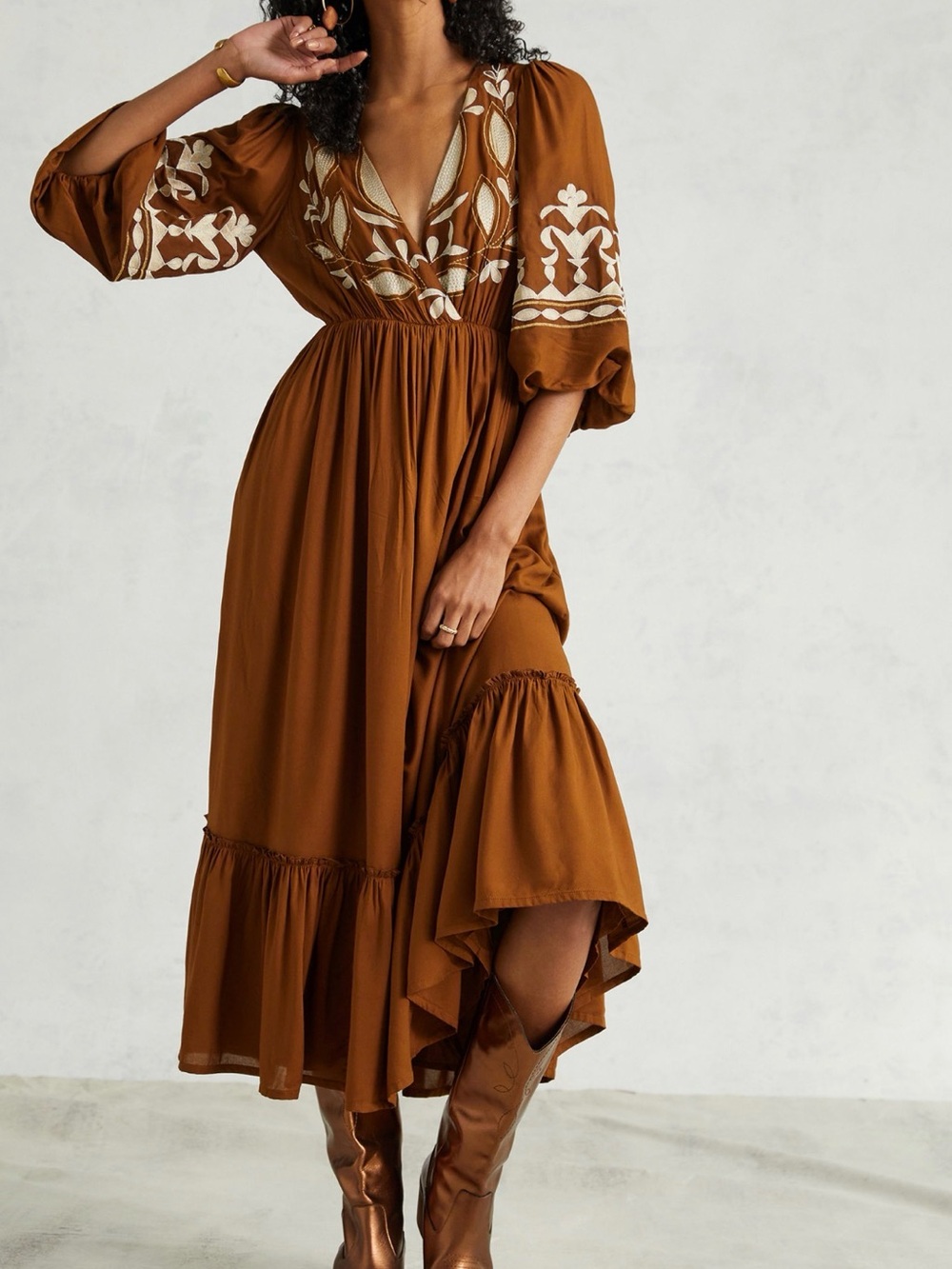 Anthropologies Embroidered V-Neck Midi Dress in Brown
